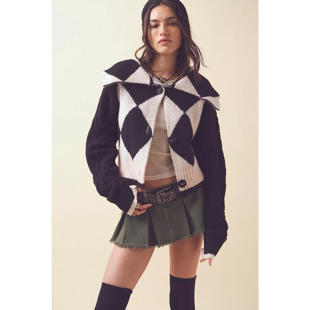 We The Free Black & White Diamond Knit Cropped Cardigan